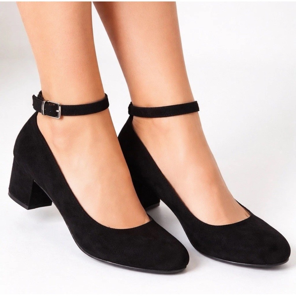 Chinese Laundry Black Ankle Strap Heels Size 7.5 Moto-002x Suede 2" Block Heel